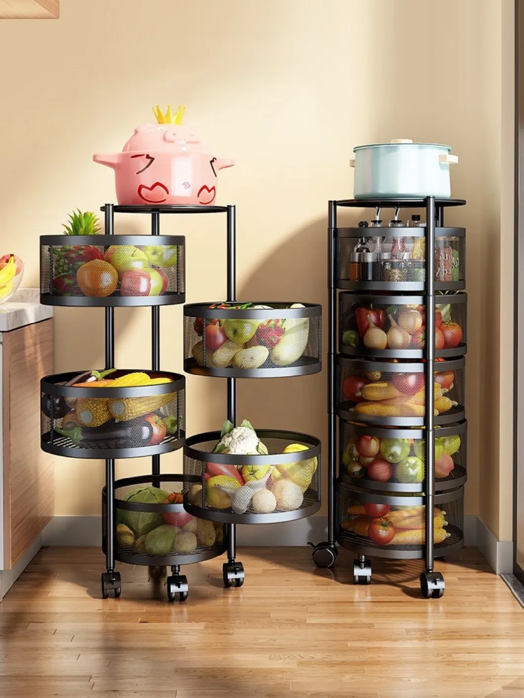 Rotatable and Movable Kitchen Vegetable Racks, 3-5 Layer Vegetable Shelf, Household Round Vegetable Basket Cylindrical Storage Shelf