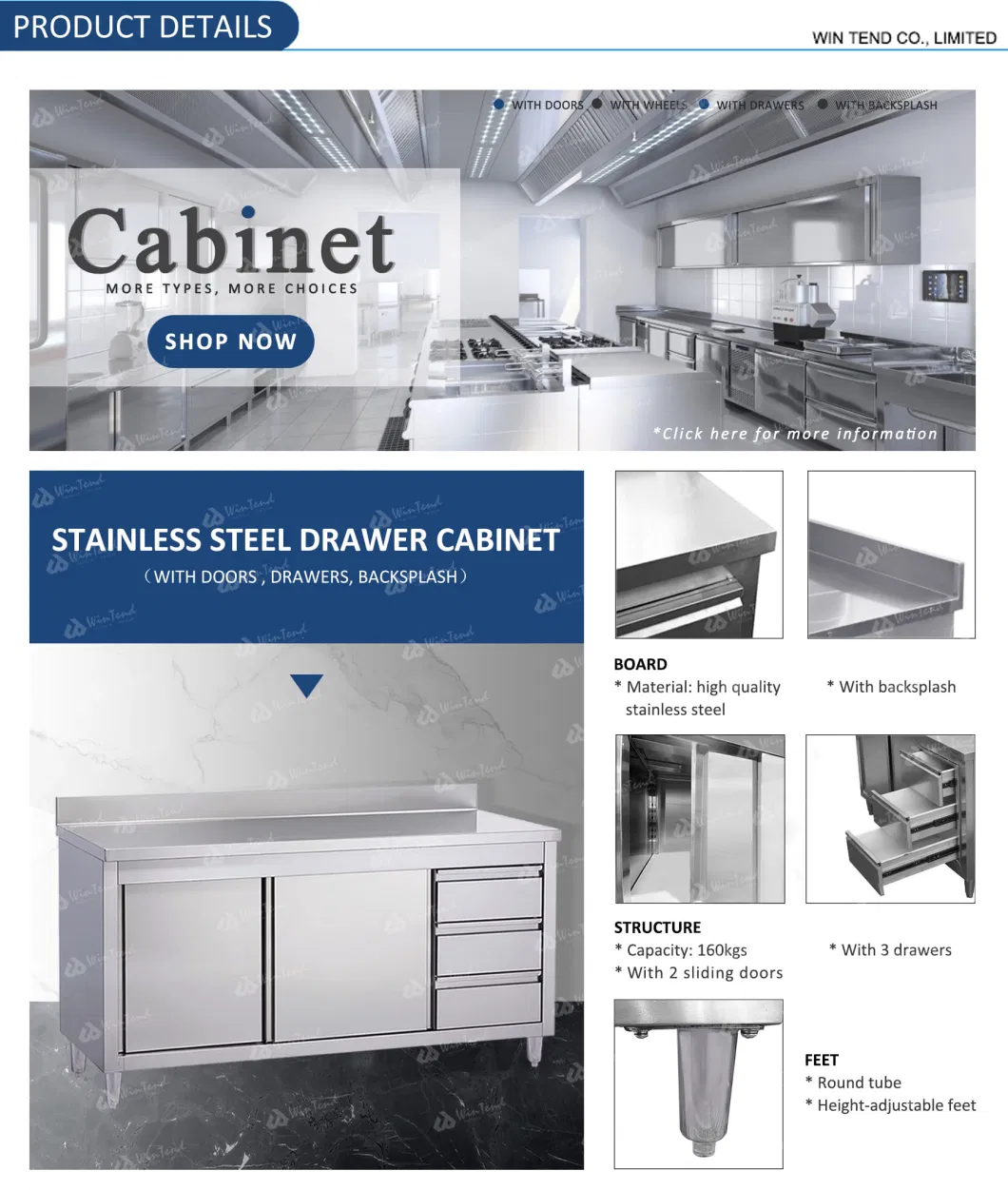 Manufactory Commercial Catering Restaurant Hotel Kitchen Equipment Appliance Stainless Steel Cabinet with Drawer and Cupboard